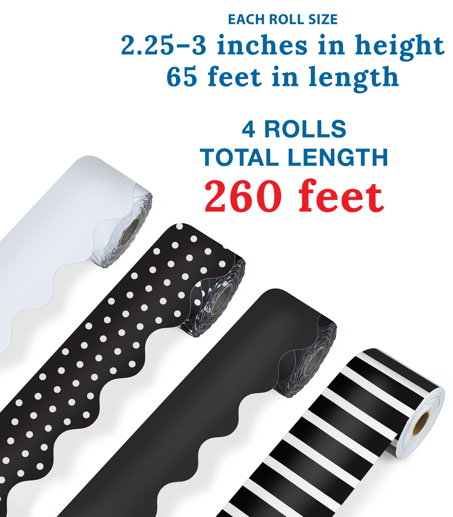 Carson Dellosa 4 Rolls of 260 Ft of Scallop Black and White Bulletin Board Borders, Striped, Polka Dot Black and White Borders for Bulletin Board &#x26; Classroom D&#xE9;cor, 65 Ft Per Roll