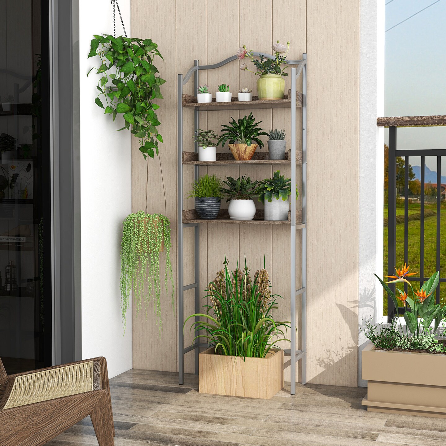 Brown Grey Bathroom Storage Shelf 3-Tier Over Toilet Rack Iron Wood Space Saver