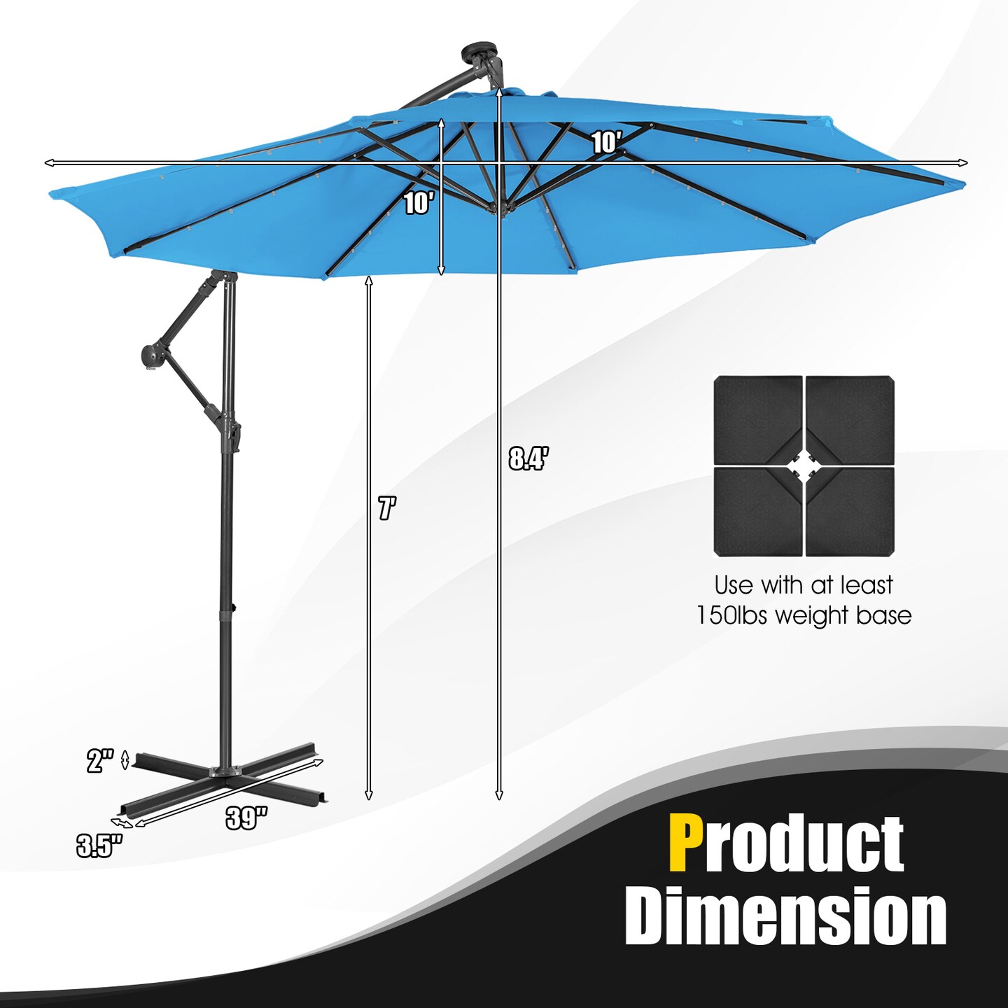 10 Feet Patio Solar Powered Cantilever Umbrella with Tilting System