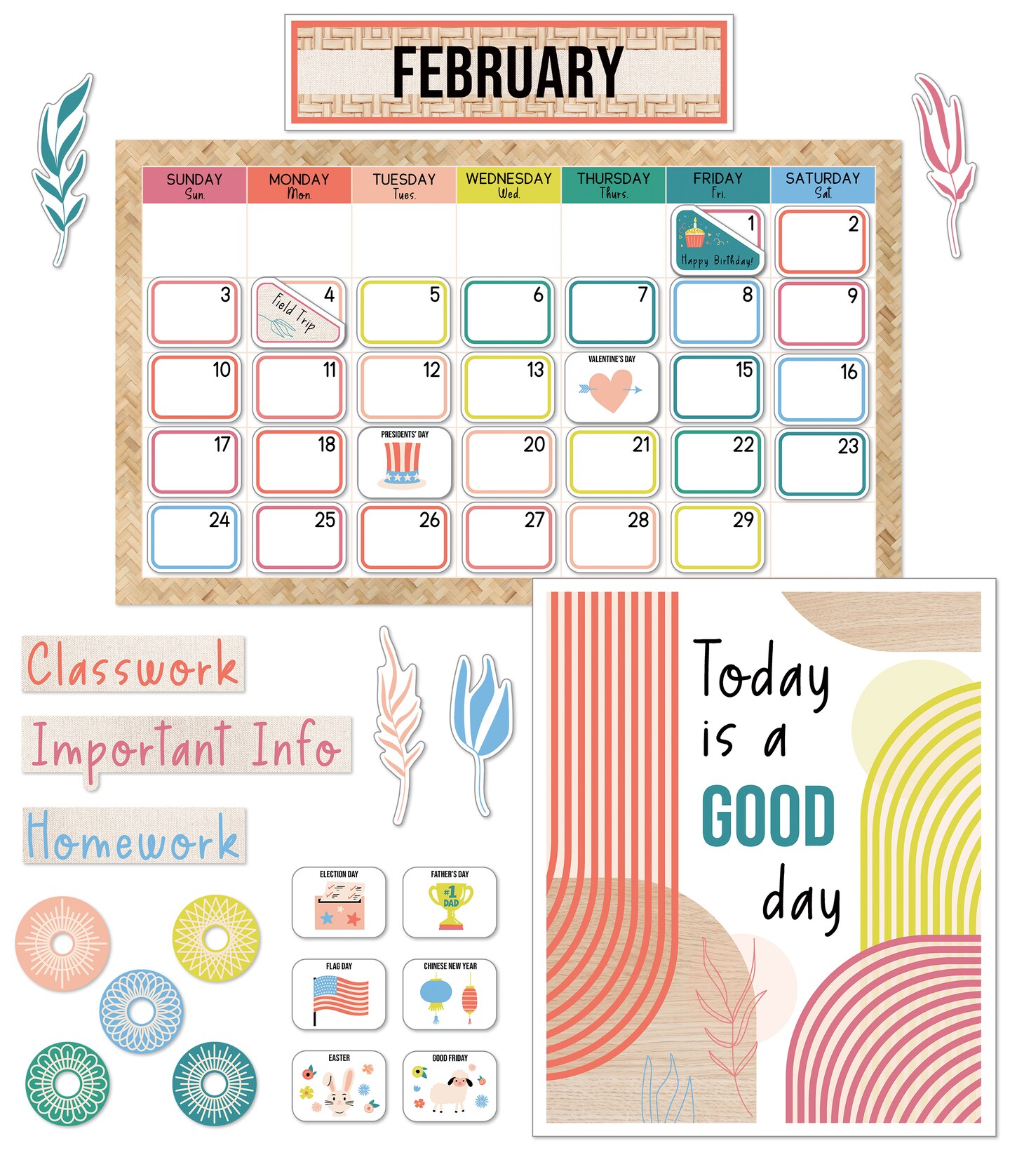 Carson Dellosa True to You Modern Calendar 137 pc Set, Classroom and Monthly Headers, Holidays, Birthdays, Number Cover Ups, Mandalas, and More Boho Decor for Bulletin Board and Wall Decor