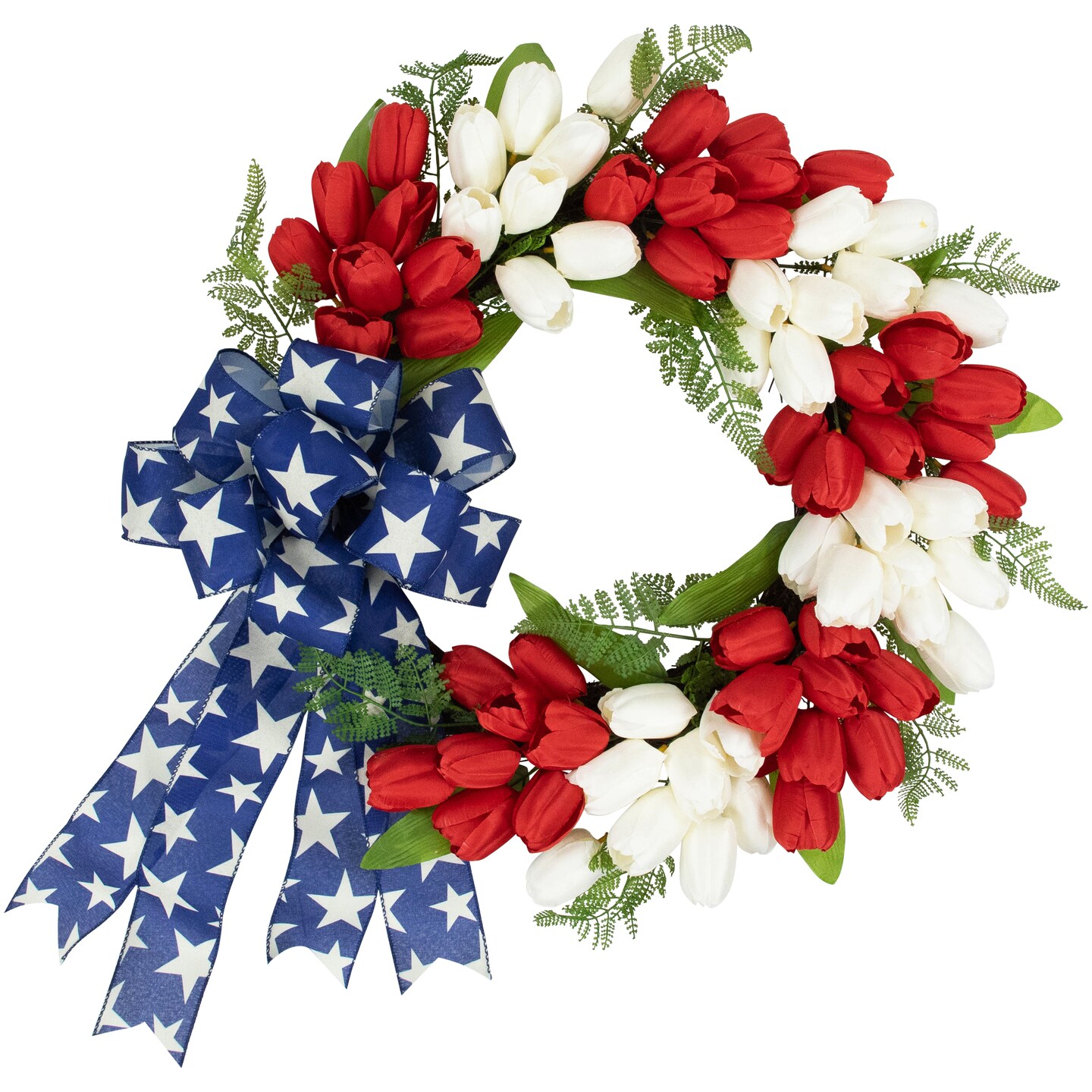 Northlight Tulip Floral Patriotic Wreath with Bow - 24&#x22; - Red, White and Blue