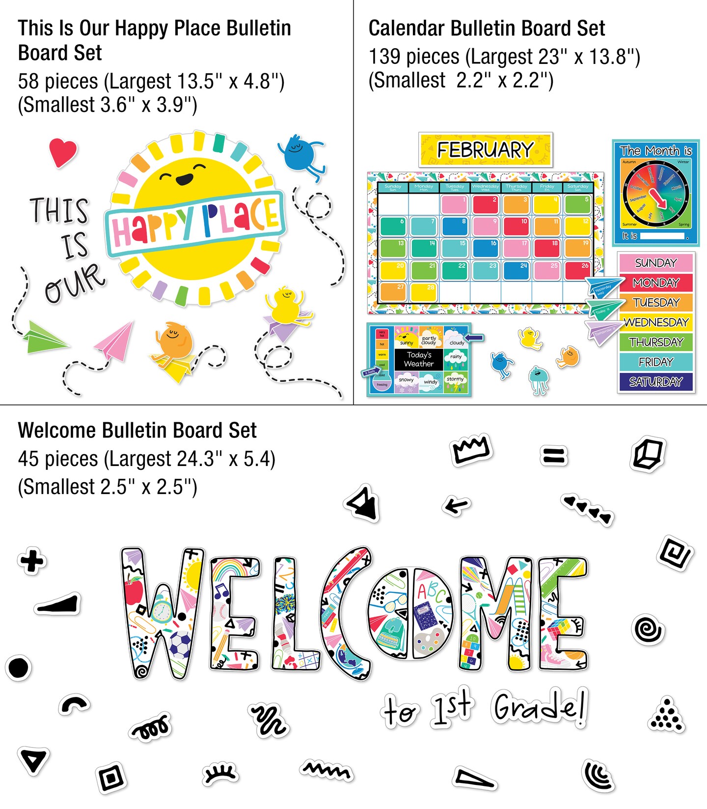 Carson Dellosa Happy Place Classroom Bright Classroom Decor Bundle, Classroom Calendar &#x26; Welcome Bulletin Board, Bulletin Board Letters, Classroom Decor Set, Motivational Poster Set (706 pc)
