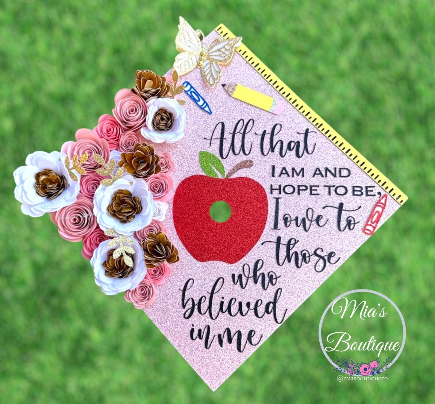 Custom Personalized Graduation Cap Topper Teacher Pink Floral Sunflower Pencil apple 305476879476097024