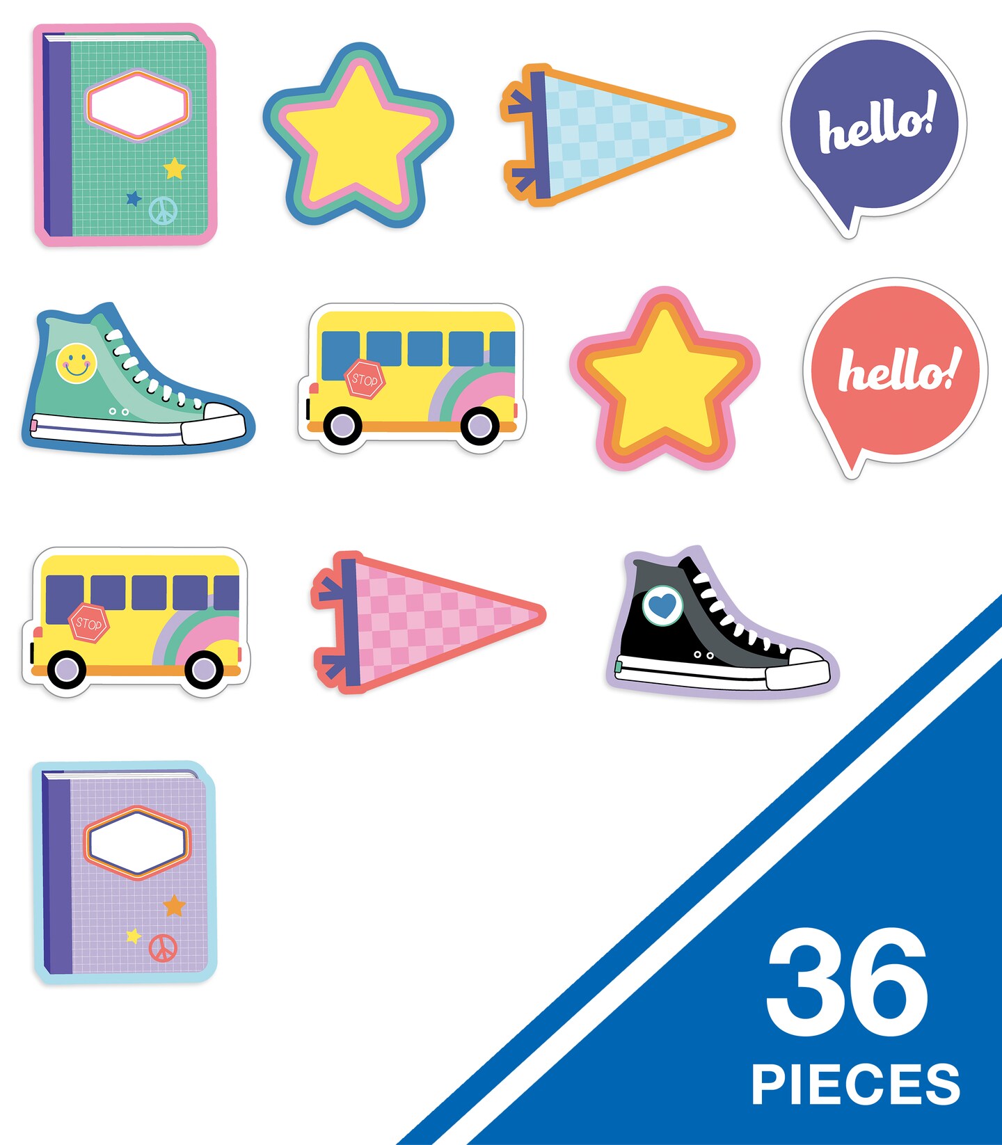 Carson Dellosa We Stick Together 36-Piece Retro Back to School Decorations, Bus, Stars, Notebooks, and More Groovy Cutouts for Bulletin Board and Classroom Decor