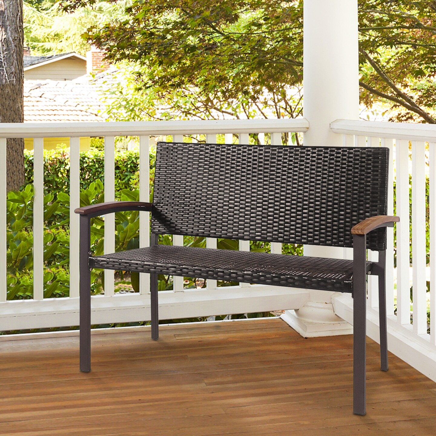 Rattan Patio Seating Bench with Steel Frame and Wood Arms Brown