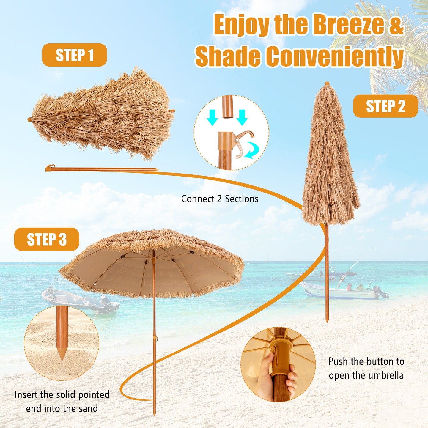 8 Feet Thatched Patio Umbrella with Steel Pole for Sun Shade Outdoor Pool Beach Garden Lawn