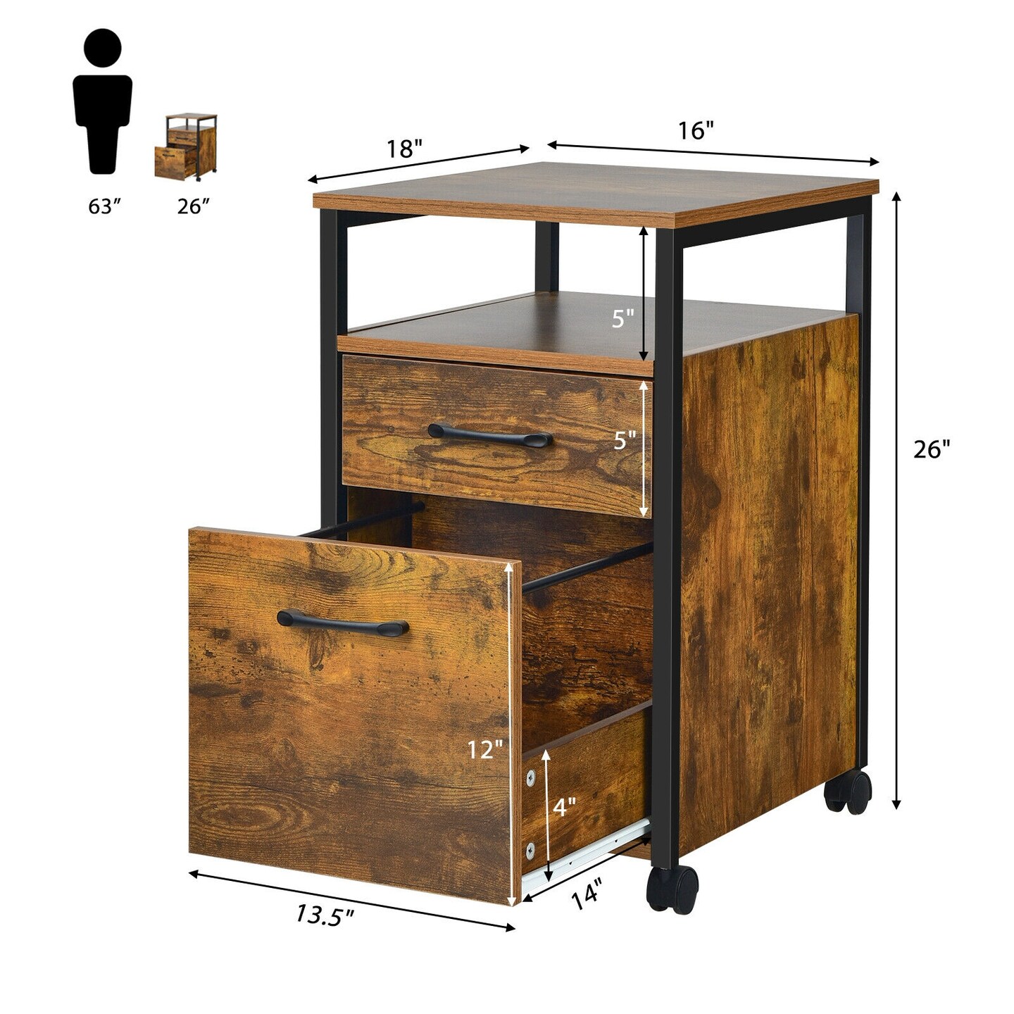 Mobile 2-Drawer File Cabinet and Printer Stand with Open Storage