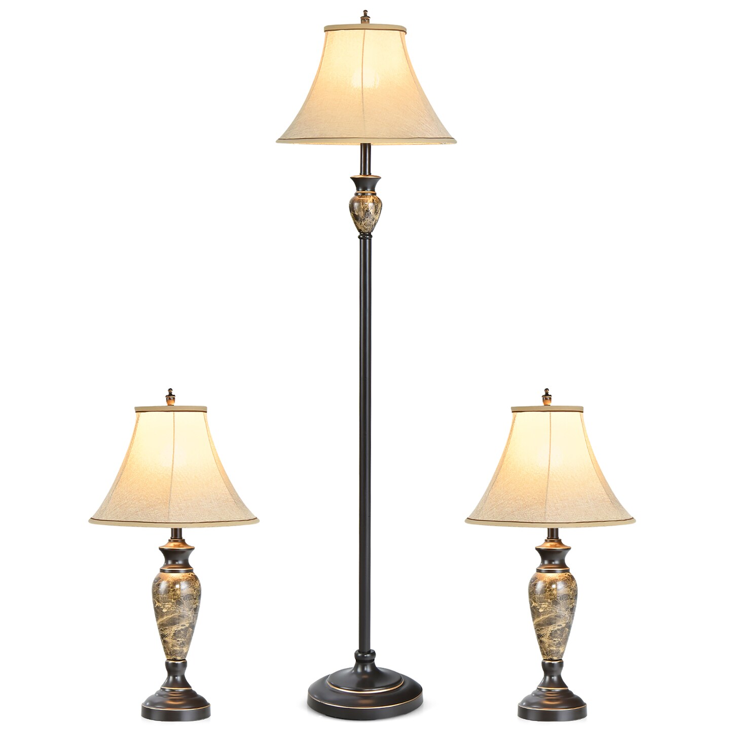 Costway 3-Piece Traditional Style Lamp Set with Linen Fabric Lamp Shades & Weighted Bases