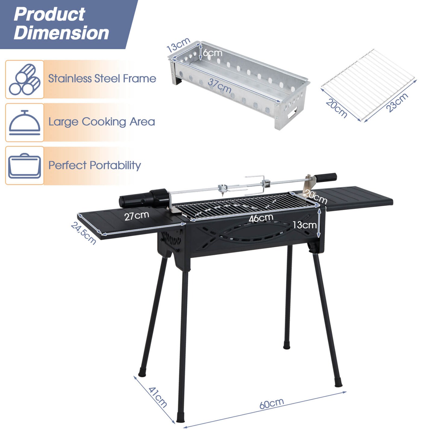 Portable Charcoal Grill with Electric Roasting Fork-Black