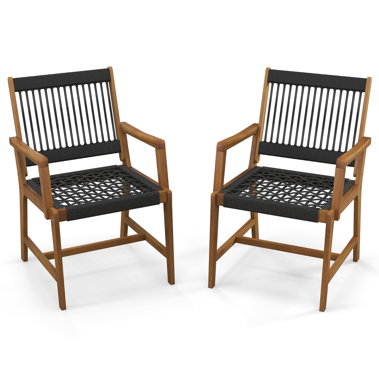 Costway Patio 2pcs Acacia Wood Dining Chairs All-Weather Rope Woven Armchairs Outdoor