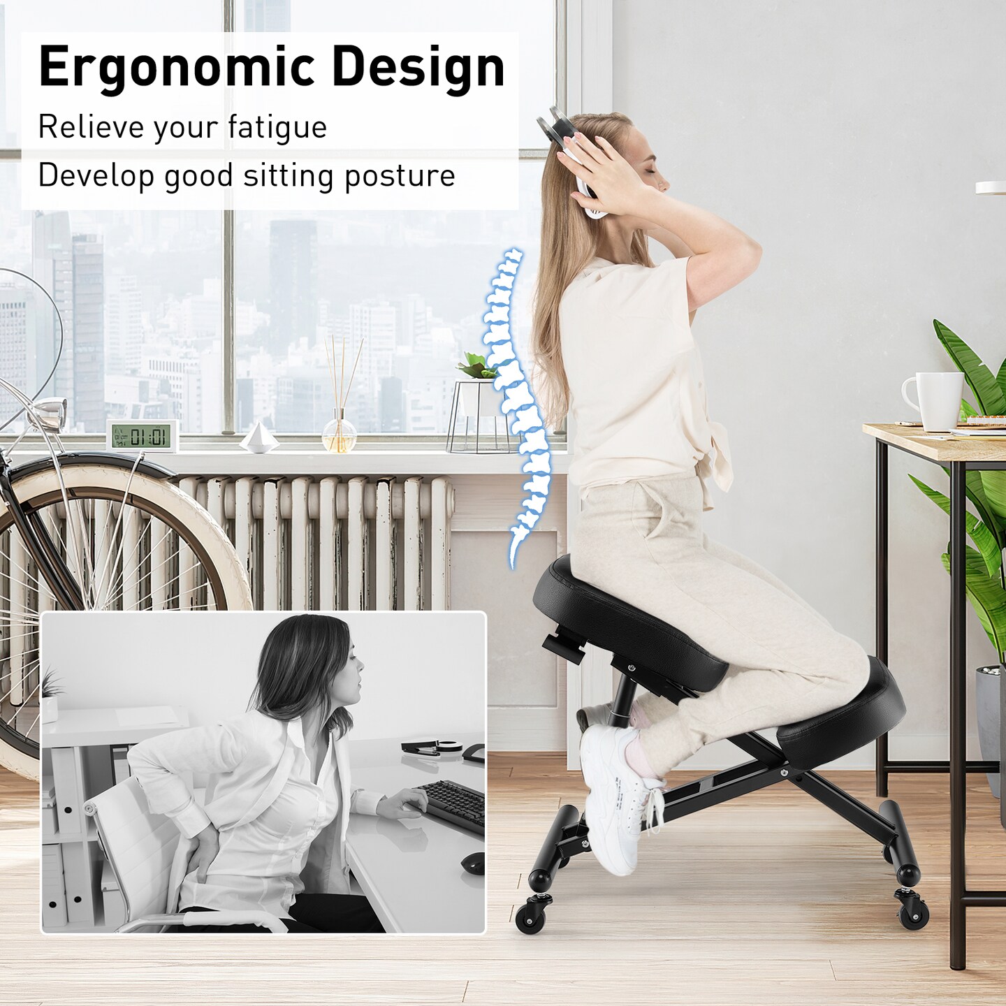 Adjustable Ergonomic Kneeling Chair with Upgraded Gas Spring Rod and Thick Foam Cushions