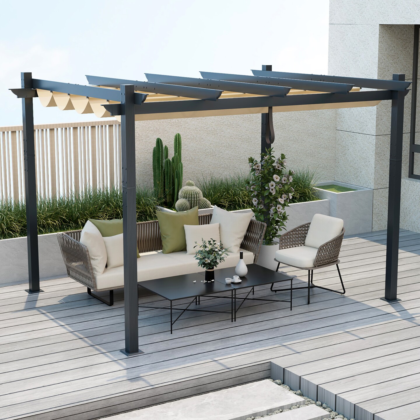 Costway 10x12ft Outdoor Aluminum Retractable Pergola Canopy Shelter Grape Trellis Beige/Gray