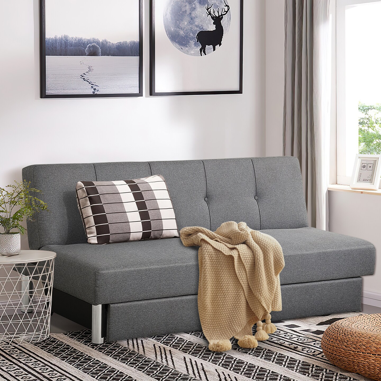 3-Seat Grey Sofa Bed Linen Fabric With High-Density Sponge And Storage