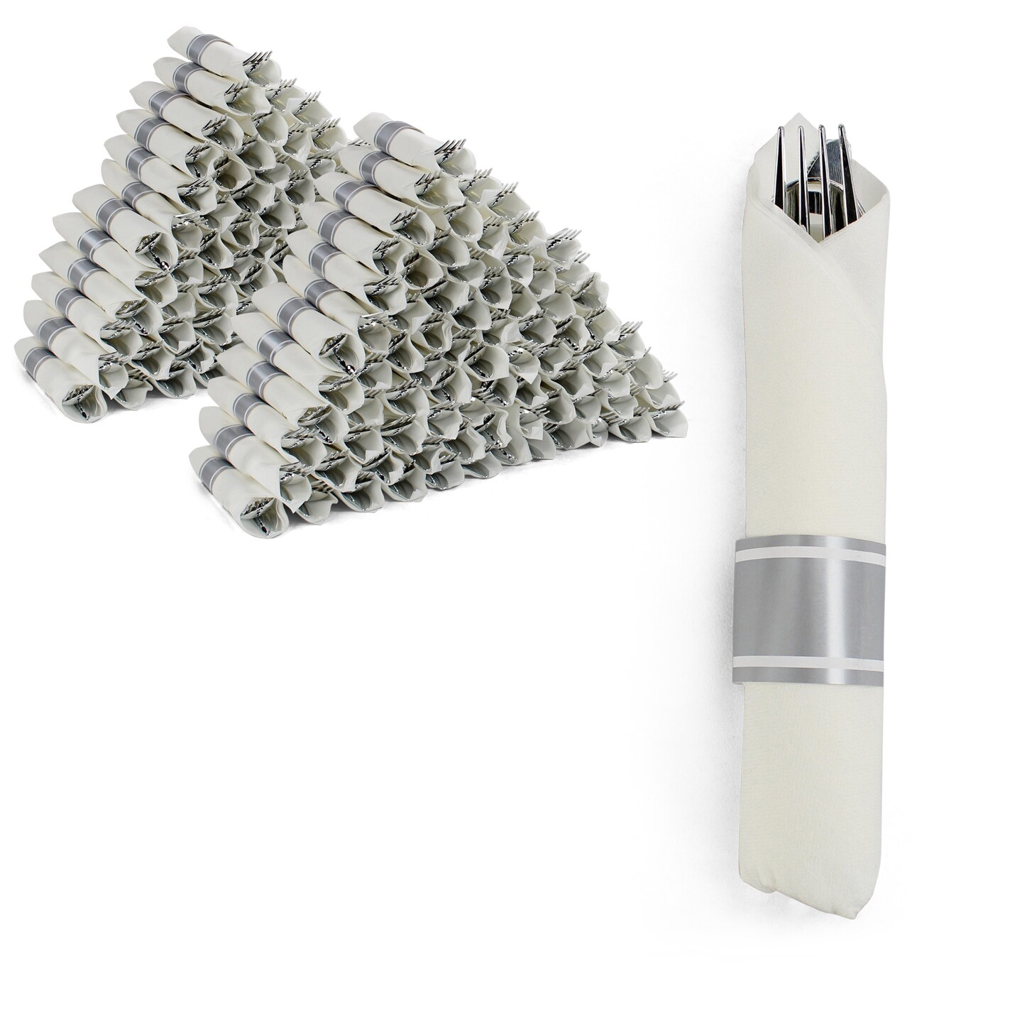 Spec101 Plastic Silverware in Silver Color - 300pk Pre Wrapped Plastic Cutlery