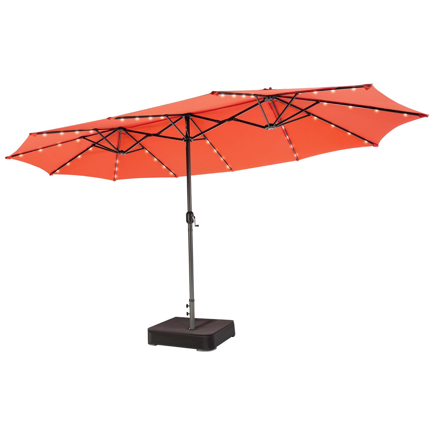 15ft Twin Patio Umbrella With Solar LED Lights Hand Crank Steel Orange