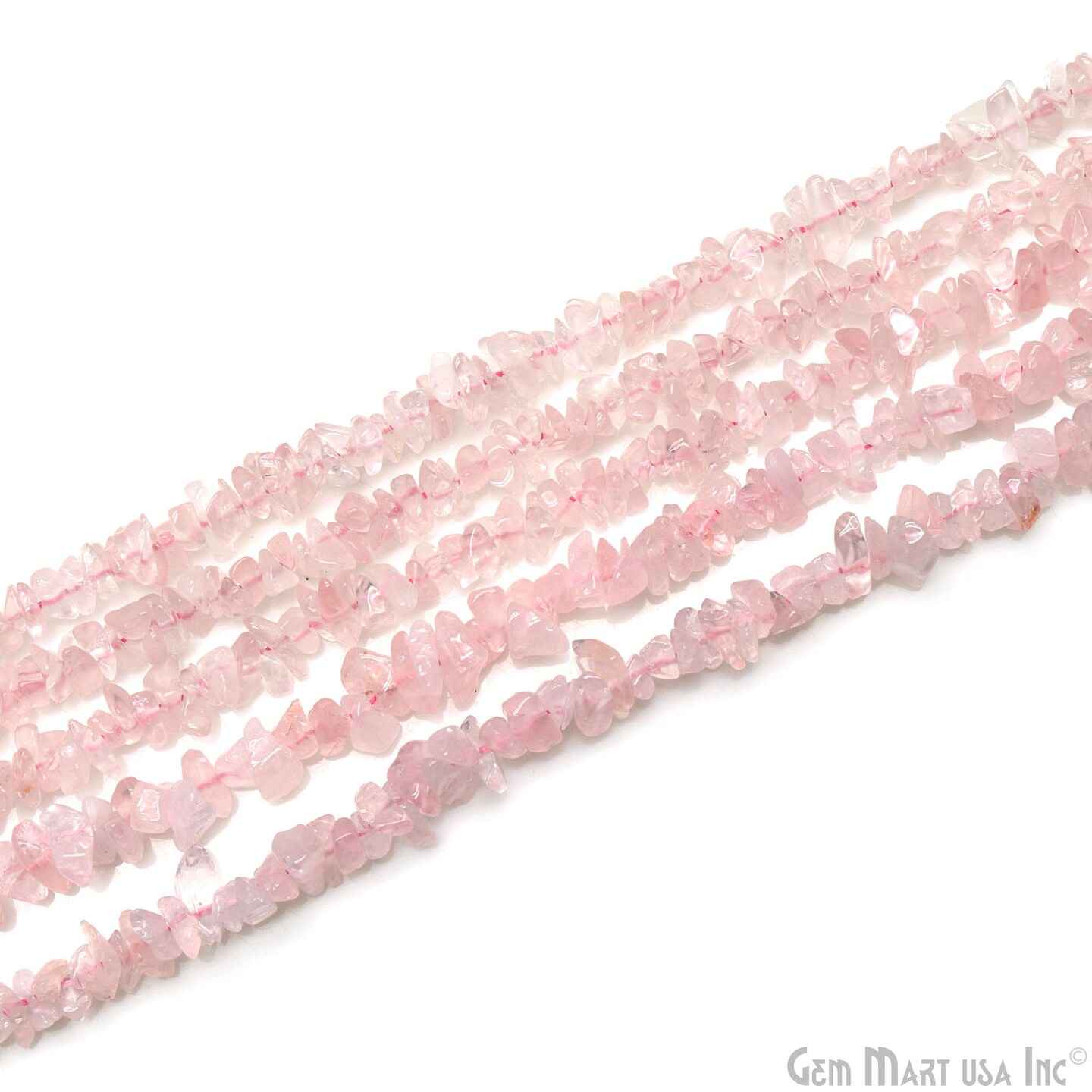 Rose Quartz Chip Beads, 34 Inch, Natural Chip Strands, Drilled Strung Nugget Beads, 3-7mm, Polished, GemMartUSA (CHRQ-70001)