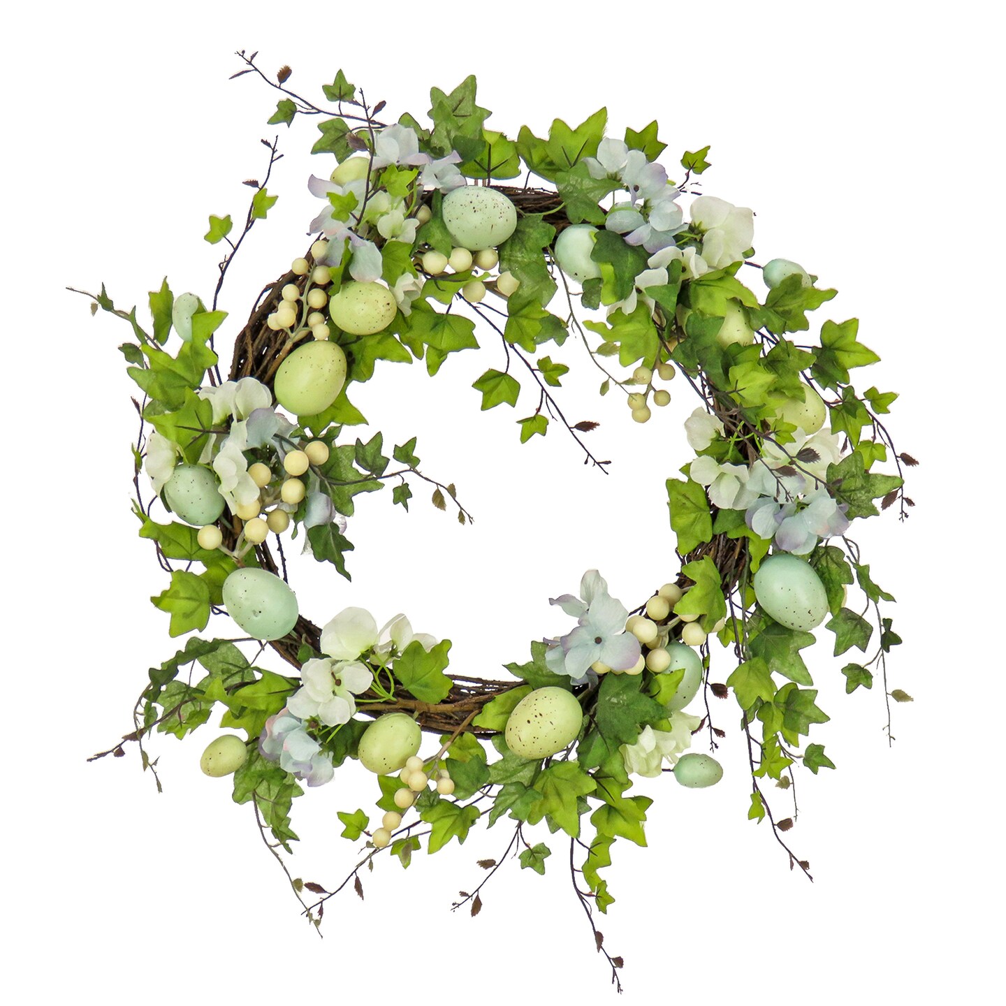 National Tree Company Artificial Spring Wreath, Woven Branch Base, Decorated with Pastel Eggs, Blue Flowers, Ivy, Leafy Greens, Easter Collection, 22 Inches