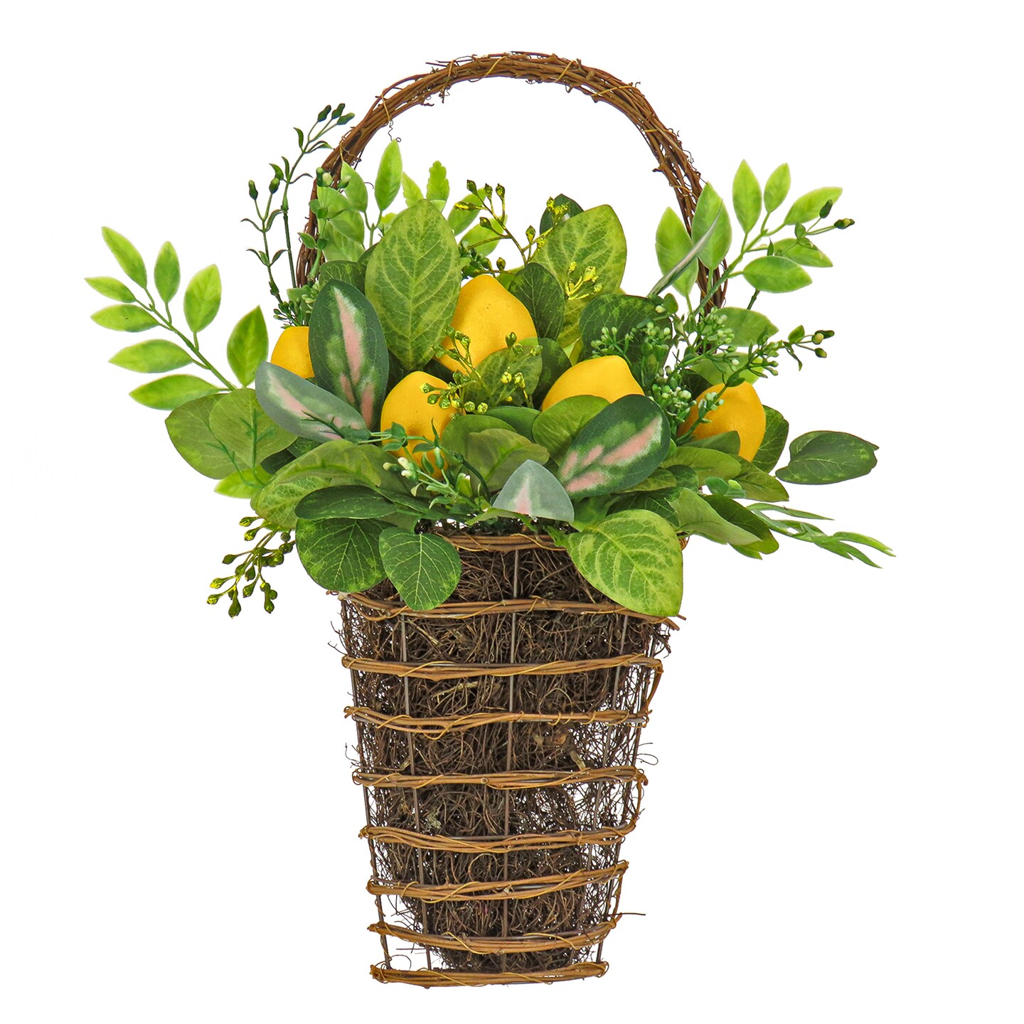 National Tree Company Artificial Hanging Wall Basket, Wicker Base, Decorated with Lemons, Seed Pods, Leafy Greens, Spring Collection, 21 Inches