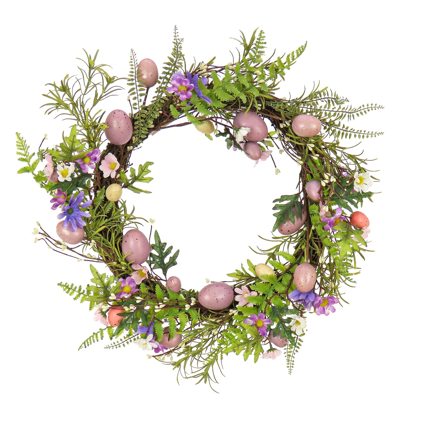 National Tree Company Artificial Spring Wreath, Woven Branch Base, Decorated with Pink Pastel Eggs, Purple Flowers, Ferns, Leafy Greens, Easter Collection, 22 Inches