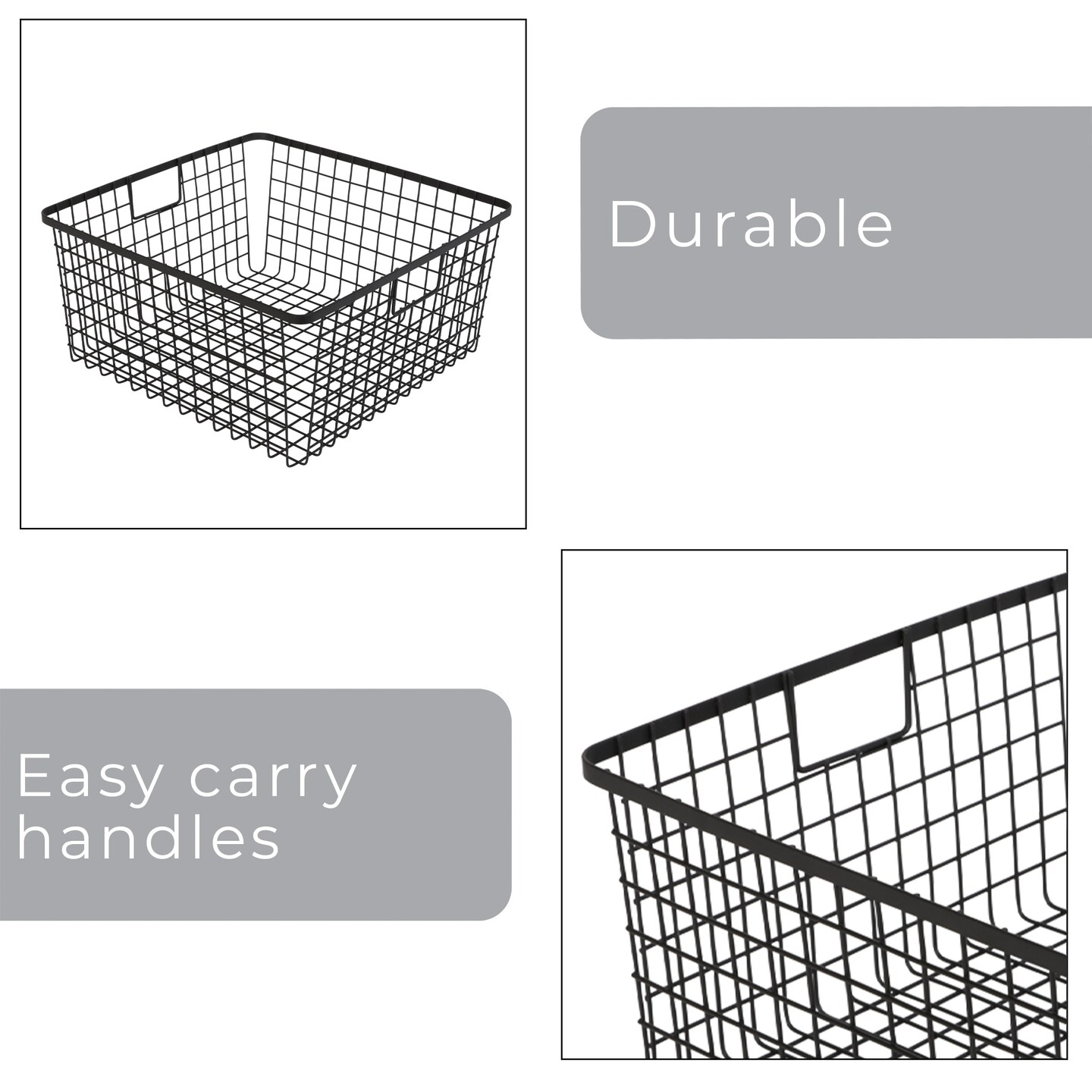 Smart Design Nestable Basket Organizer with Handles - Steel - 12 x 12 x 6 - Black - Set of 4