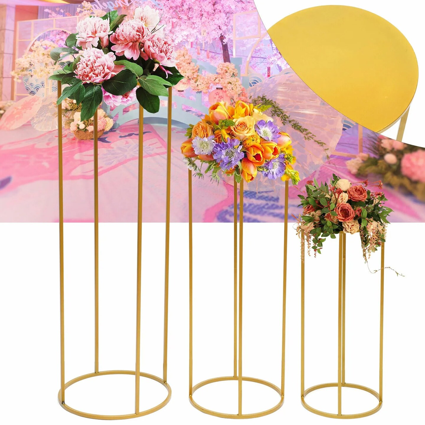 3pcs Metal Flower Stand Gold Round Column Stand Wedding Banquet Hall Party Decor