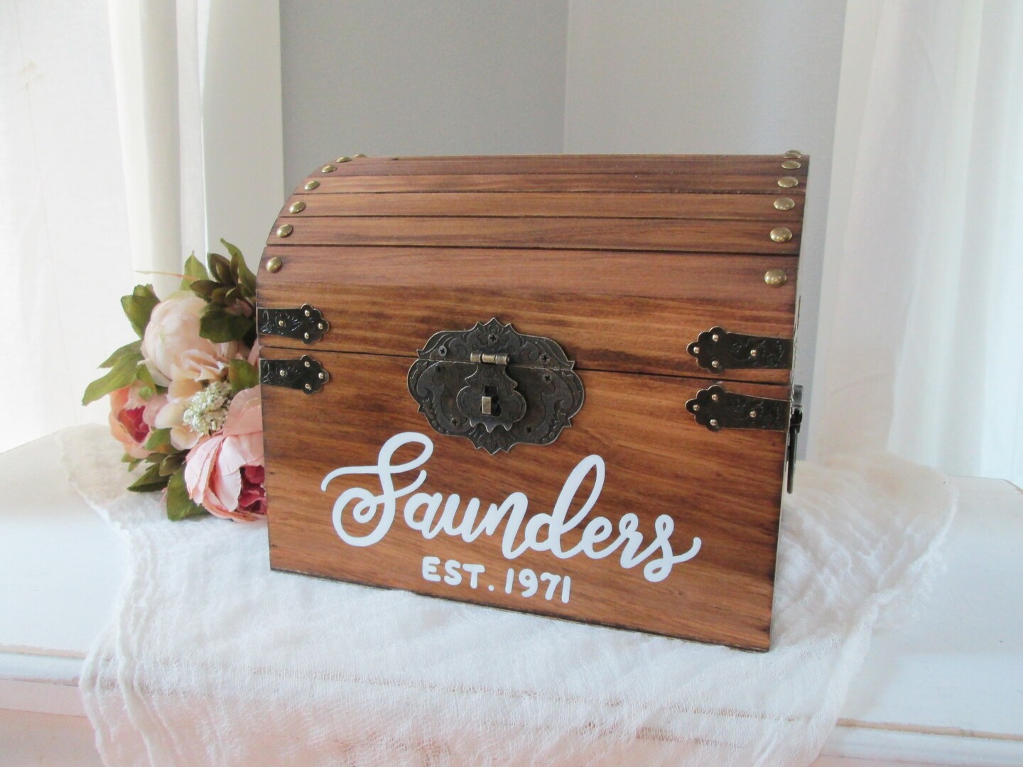 Wood-burned, sienna red, wedding chest, card holder, baby shower, bar/bat mitzvah, memory/keepsake box, rustic, engraved, personalized high quality