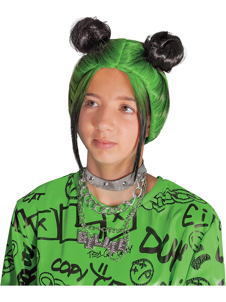 Girl&#x27;s Billie Eilish Green Double Bun Wig Costume Accessory