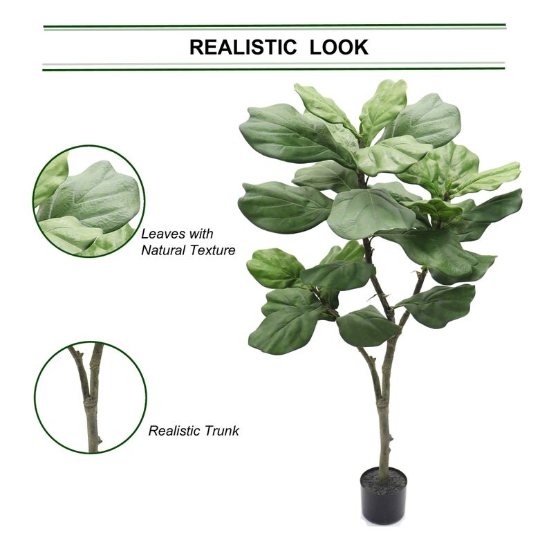 4' Artificial Silk Fiddle Leaf Fig Tree in Black Pot Lifelike, Low