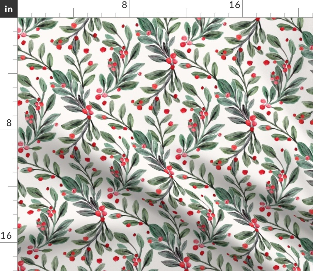 Red Berries Leaves Holiday Christmas Winter Floral Festive Custom Printed Fabric by Spoonflower Various Fabrics by the Yard or Fat Quarter