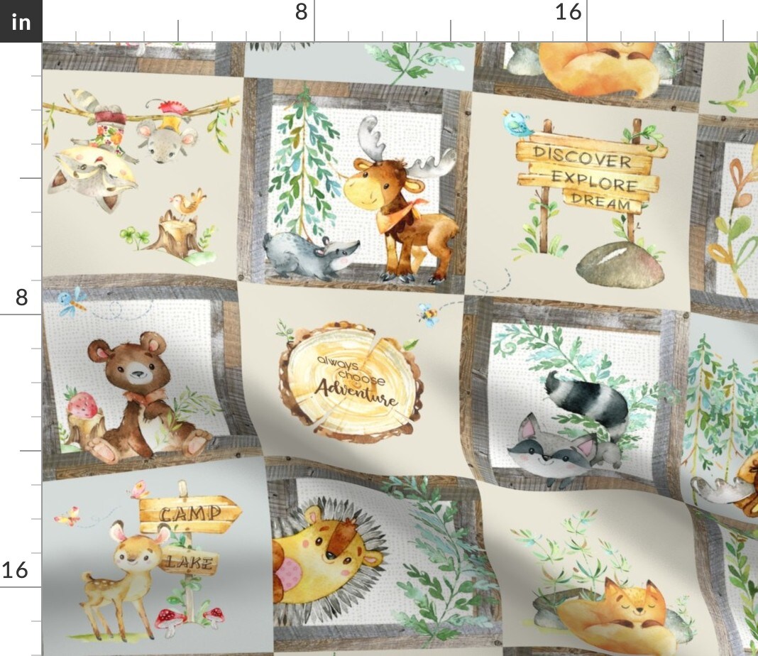 Woodland Adventure Patchwork Quilt Moose Fox Deer Bear Hedgehog Squirrel Raccoon Grey Cream Forest Trees Animals Nursery Cheater Custom Printed Fabric by Spoonflower Various Fabrics by the Yard or Fat Quarter