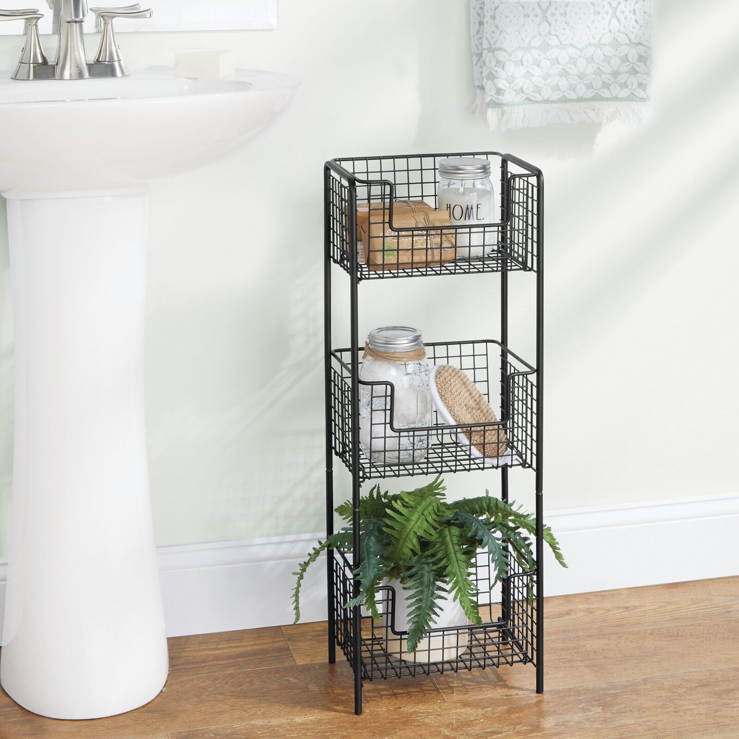 mDesign Steel Freestanding 3-Tier Storage Organizer Tower with Baskets
