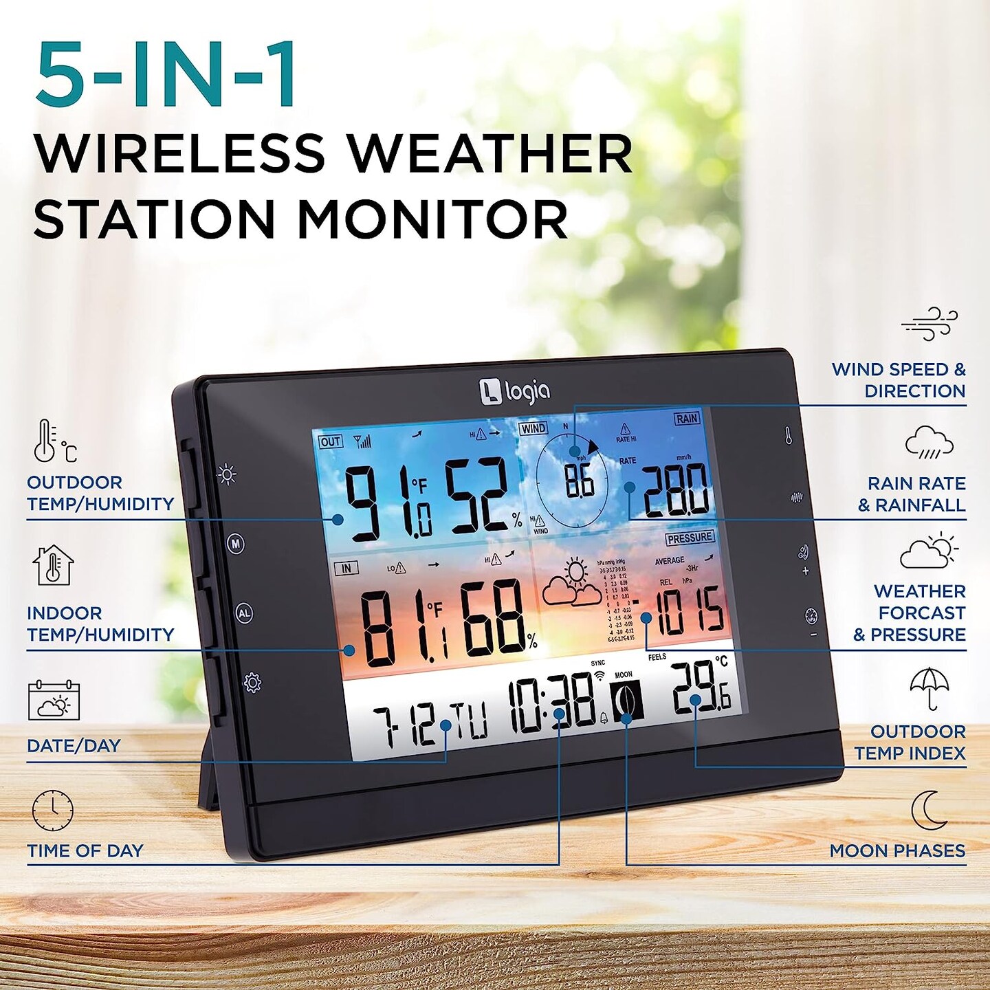 Logia 7-in-1 Wireless Weather Station with 4-Day Forecast, Wi-Fi, Solar Cell & Large Color Display Console