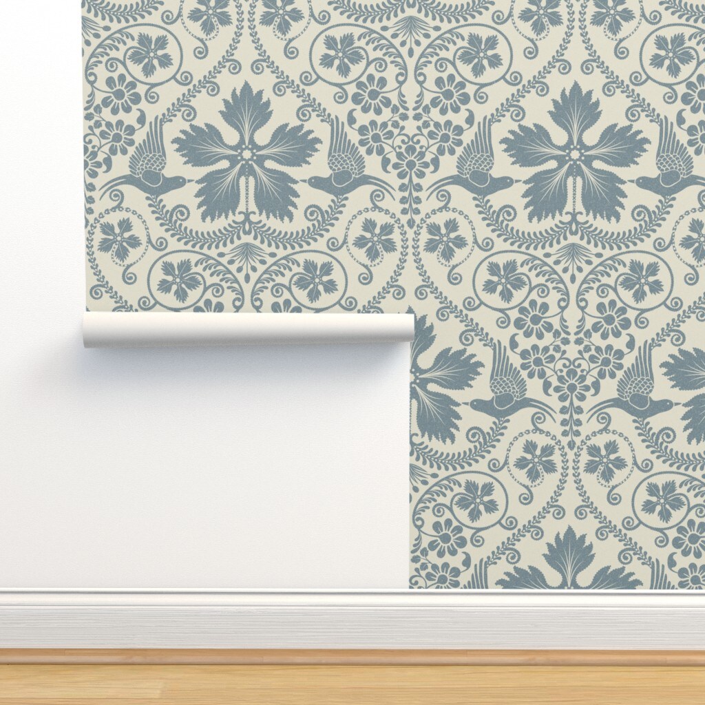 Bird Blue Flowers Botanical Floral Damask Italian Villa Large Scale Custom Pre-pasted Wallpaper by Spoonflower Pre-Pasted Wallpaper 2FT Wide
