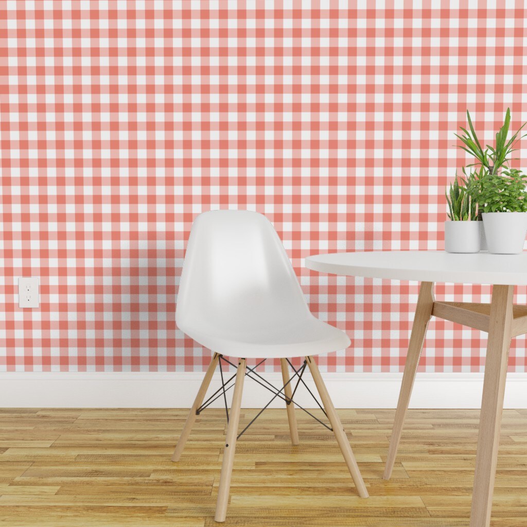 Pre-Pasted Wallpaper 2FT Wide Orange Gingham Tangerine Checkered Plaid Classic Cottagecore Custom Pre-pasted Wallpaper by Spoonflower