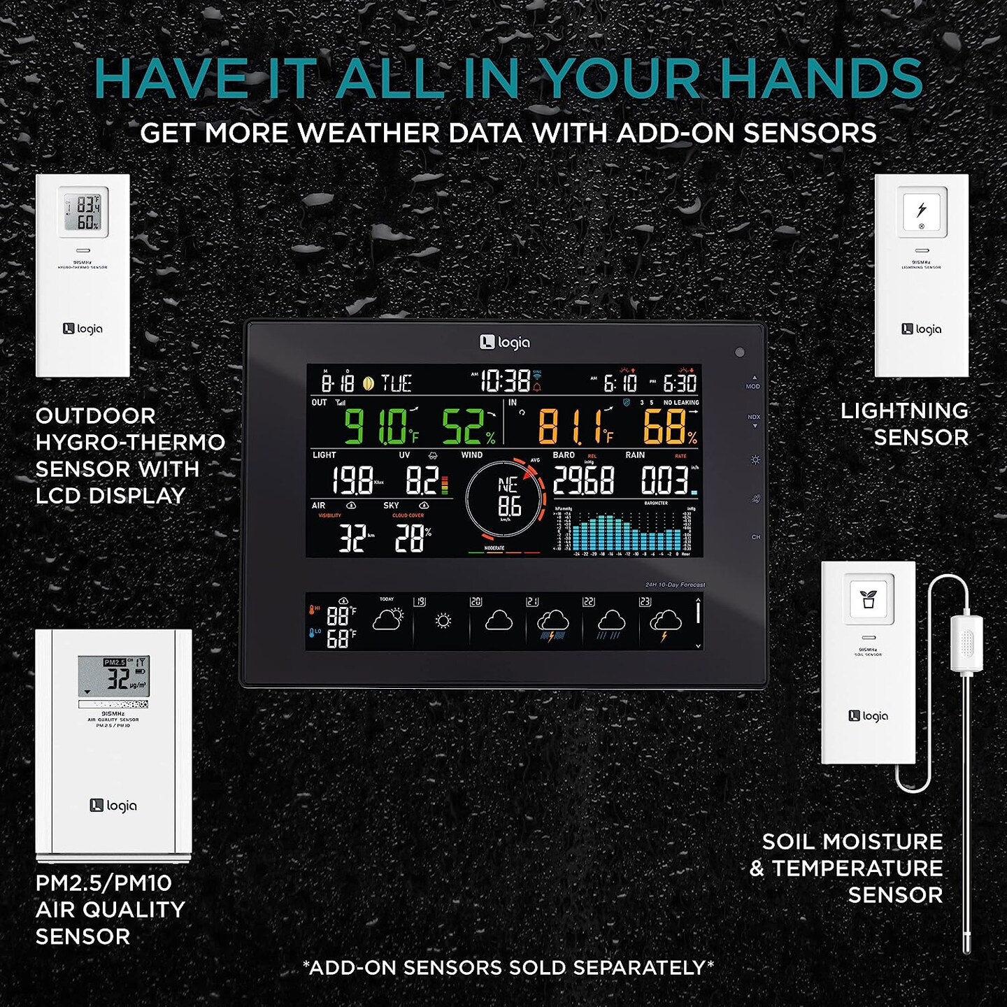 Logia 7-in-1 WiFi Wireless Weather Station 8&#x22; with solar panel and 10-Day Forecast