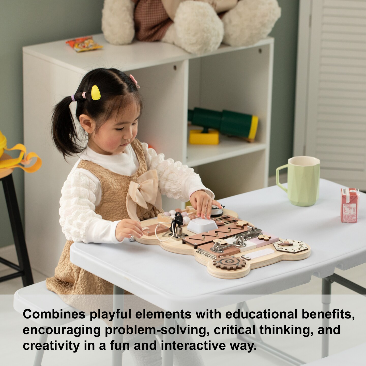 Wooden Sensory Bear Shaped Learning Toddler Busy Board for Playroom, Nursery, Preschool, and Doctors' Office