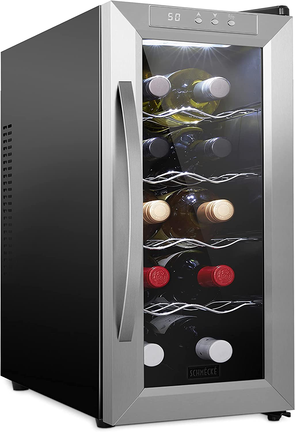 Schmecke 10-Bottle Thermoelectric Wine Cooler, Stainless Steel Freestanding Wine Fridge