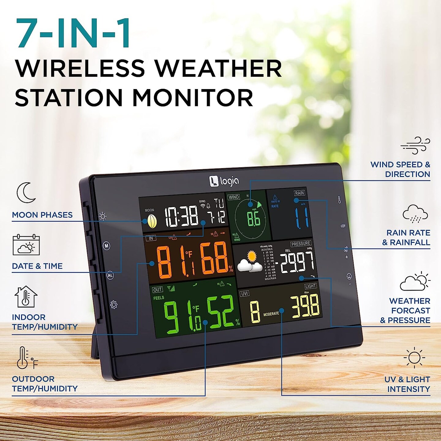 Logia 7-in-1 WiFi Wireless Weather Station with solar panel and Black LED Display