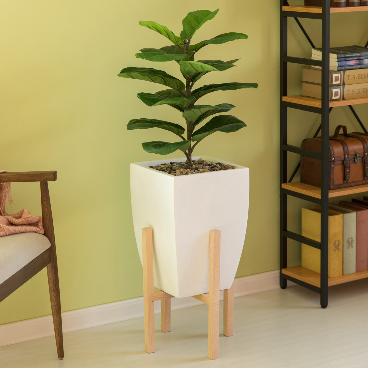 Square Indoor Planter With Wooden Stand Fiberglass 11.25&#x22; Pot Modern Design