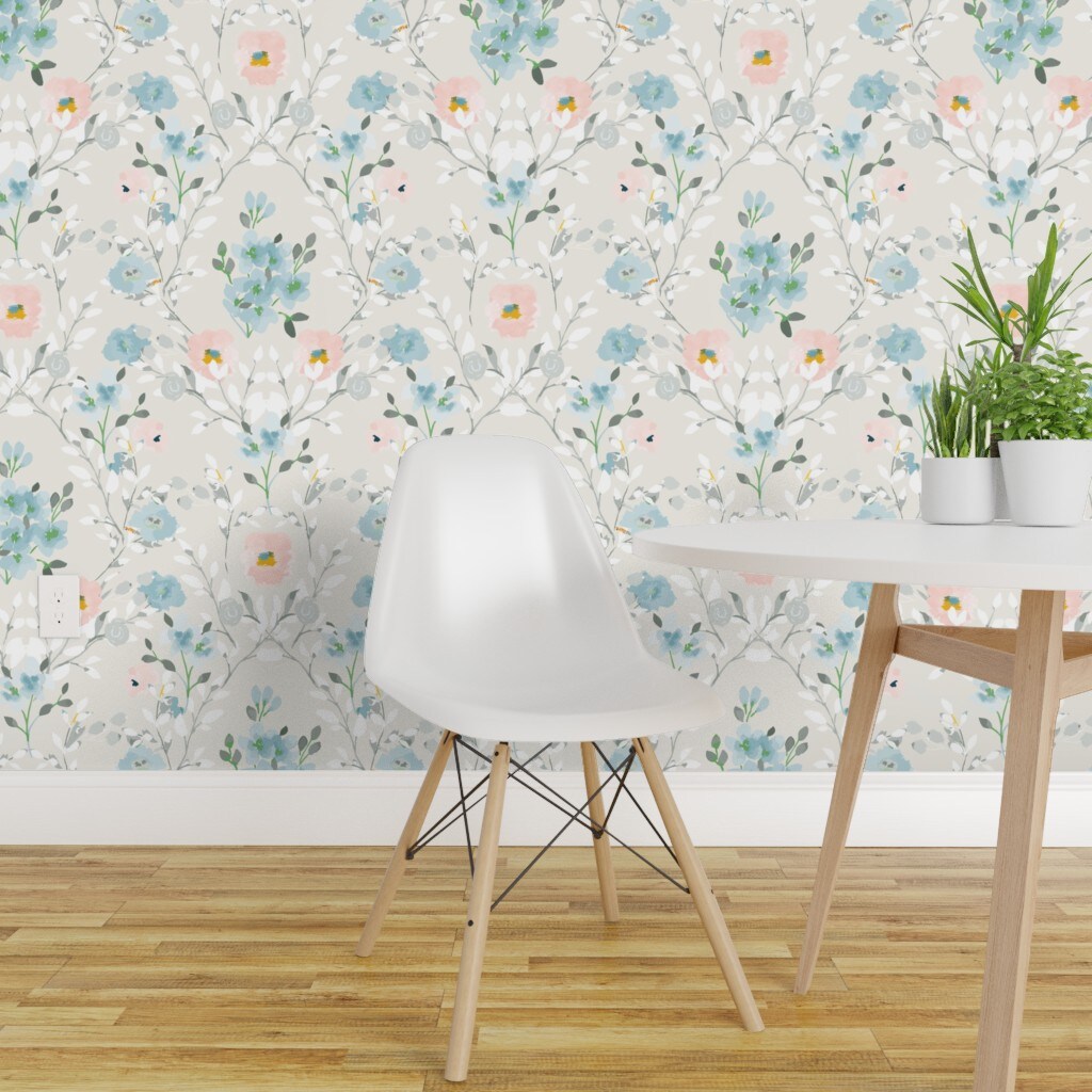 Pre-Pasted Wallpaper 2FT Wide Romantic Floral Blue Gray Pink Watercolor ...