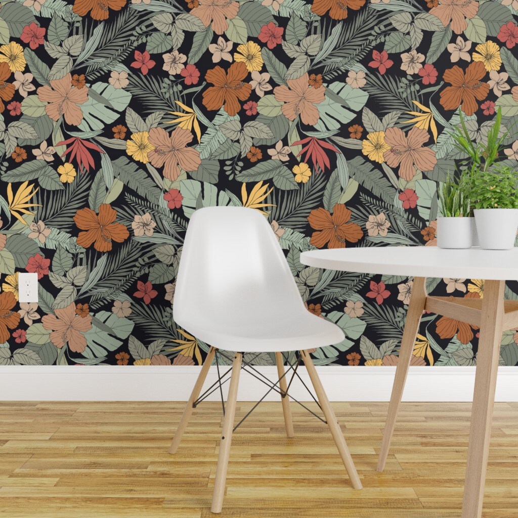 Peel & Stick Wallpaper 2FT Wide Tropical Floral Exotic Jumbo Scale Flowers Hibiscus Leaves Botanical Custom Removable Wallpaper by Spoonflower