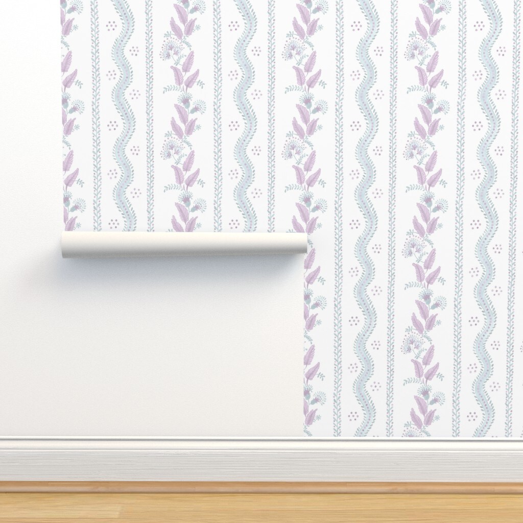 Cottagecore Floral Stripe Botanical Grandmillennial Purple Blue Traditional Custom Pre-pasted Wallpaper by Spoonflower Pre-Pasted Wallpaper 2FT Wide