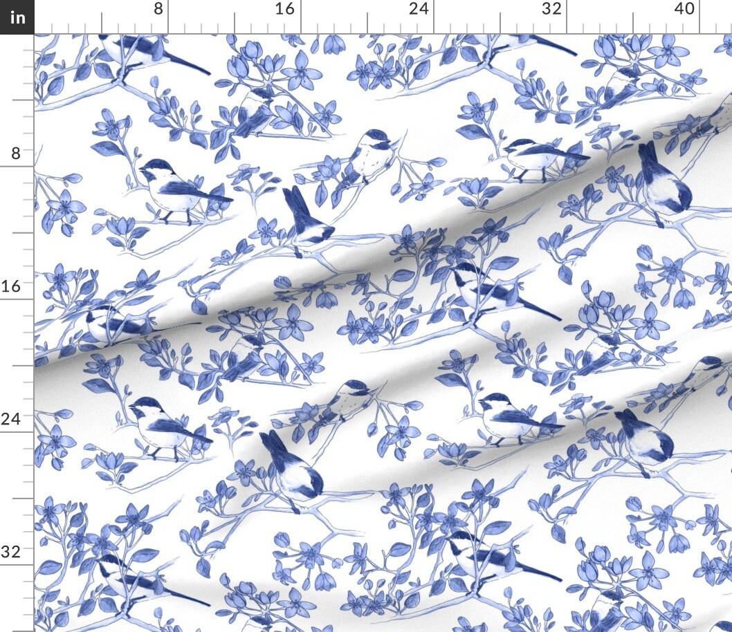 Petal Signature Cotton by the Yard or Fat Quarter Bird Flowers Botanical Blossom Cobalt Chinoiserie Custom Printed Fabric by Spoonflower