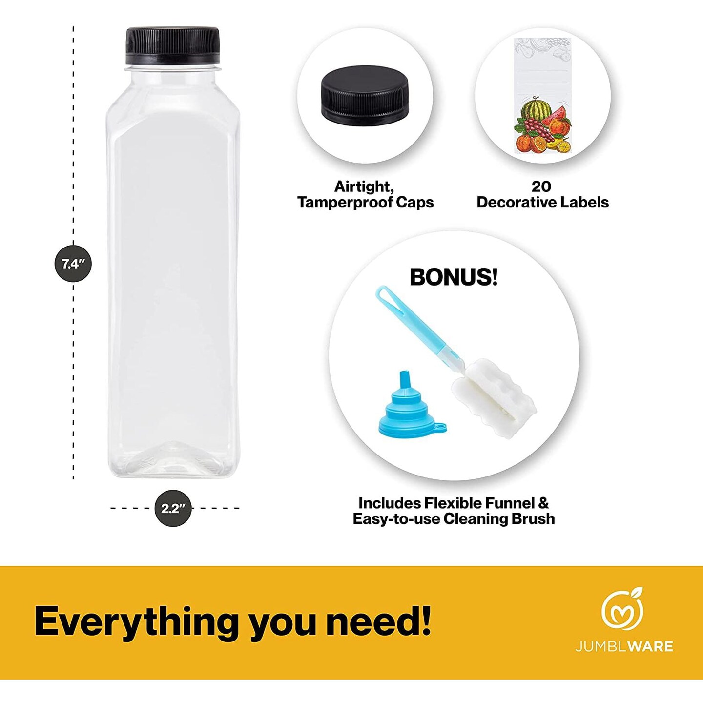 Empty PET Plastic Juice Bottles - Pack of 20 Reusable Clear