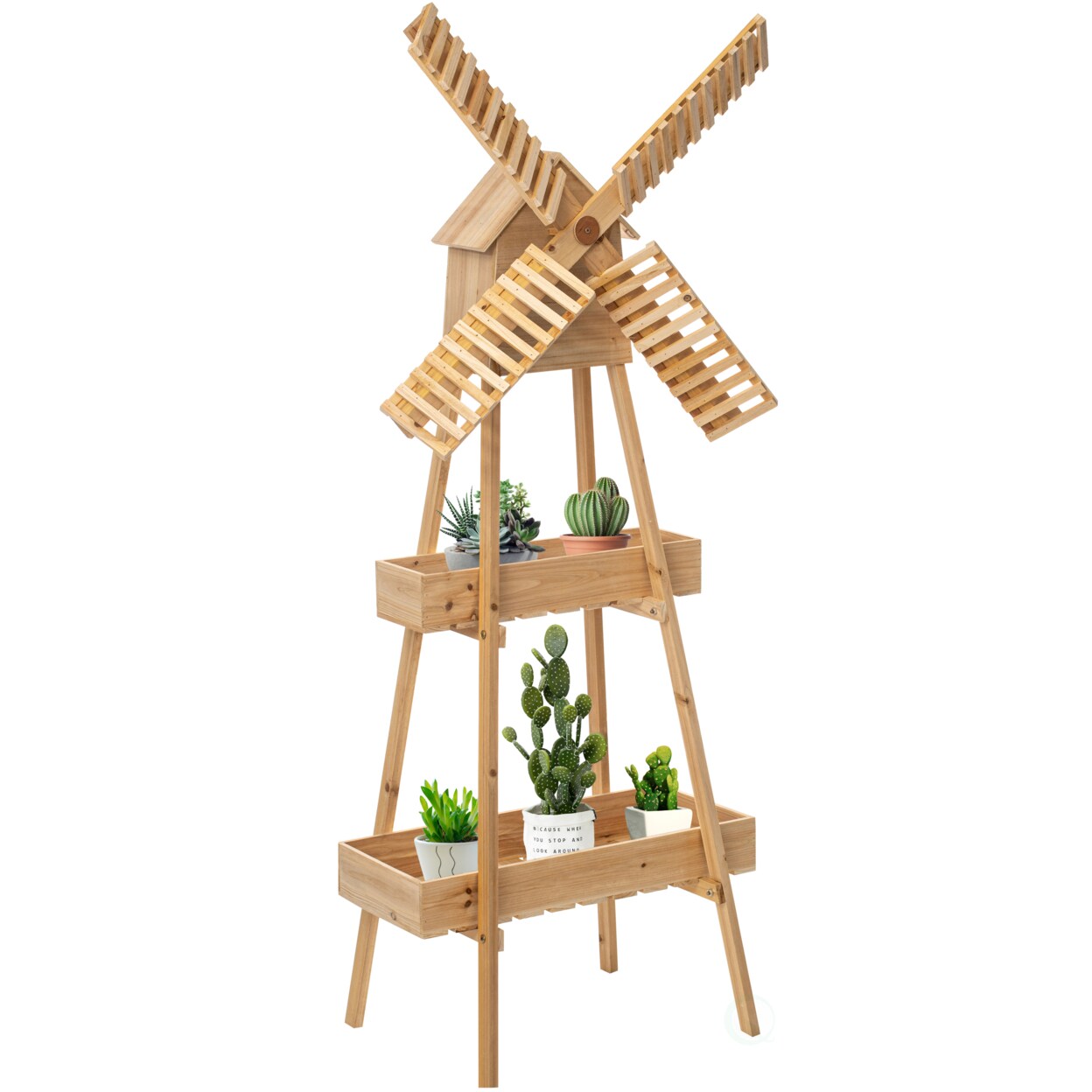 Wooden 2-Tier Shelf With Windmill Accent Versatile Decorative Rack Home Garden