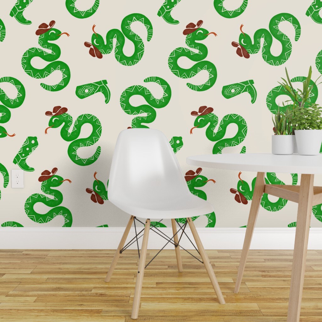 Peel & Stick Wallpaper 2FT Wide Whimsical Western Snakes Cowboy Hat Cute Desert Southwest Green Custom Removable Wallpaper by Spoonflower