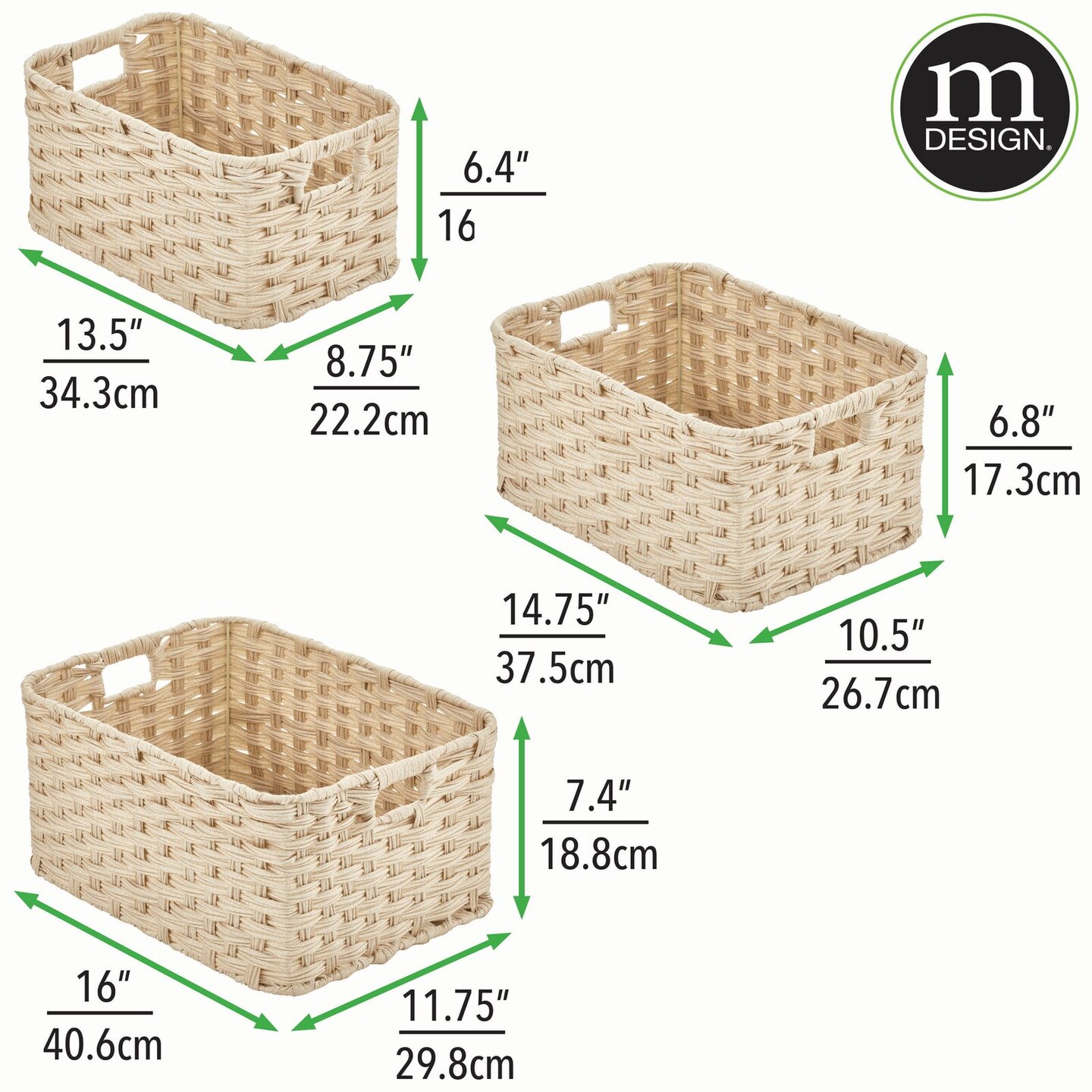 mDesign Rectangular Woven Braided Home Storage Basket Bin Set of 3