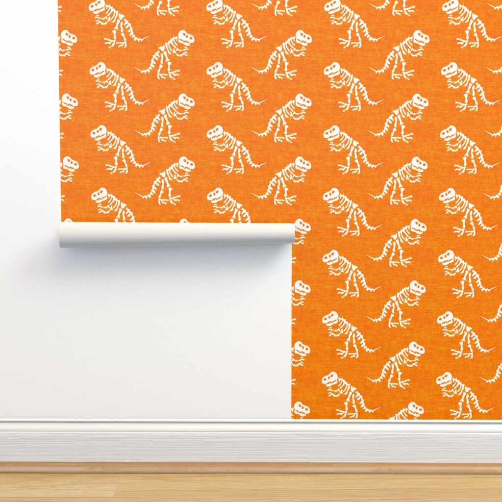 Orange Dinosaur Tyrannosaurus Rex Trex Dino Bones Kid Small Scale Jurassic Custom Removable Wallpaper by Spoonflower Peel & Stick Wallpaper 2FT Wide