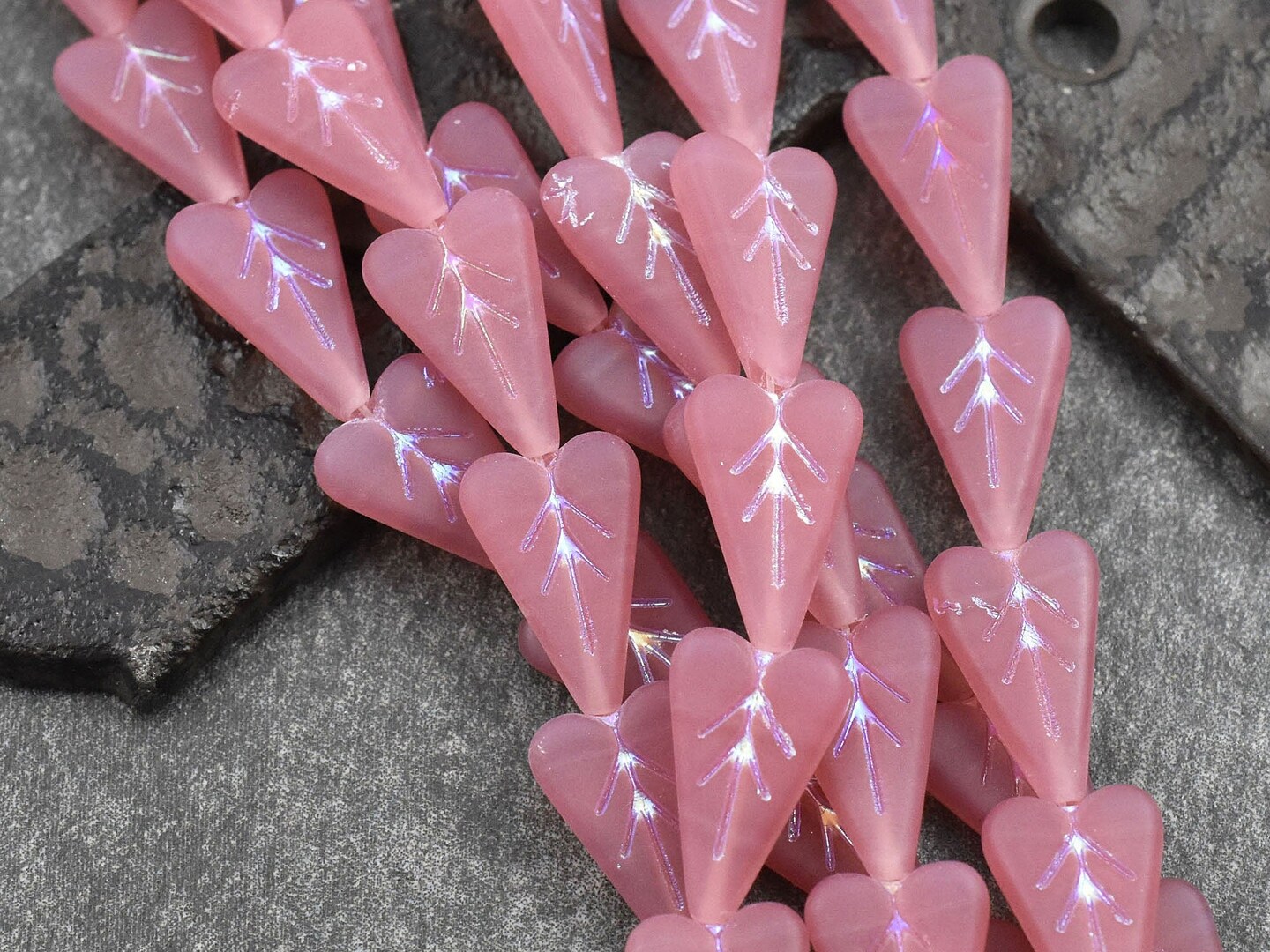 *8* 17x11mm Rainbow Metallic Washed Matte Bubble Gum Pink Opal Heart Leaf Beads