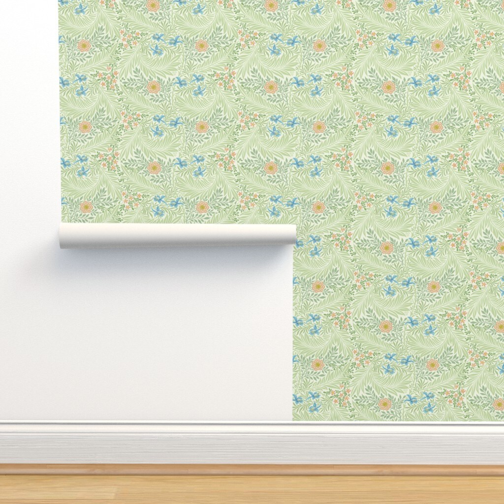 William Morris Green Floral Botanical Mid Century William Morris Custom Pre-pasted Wallpaper by Spoonflower Pre-Pasted Wallpaper 2FT Wide
